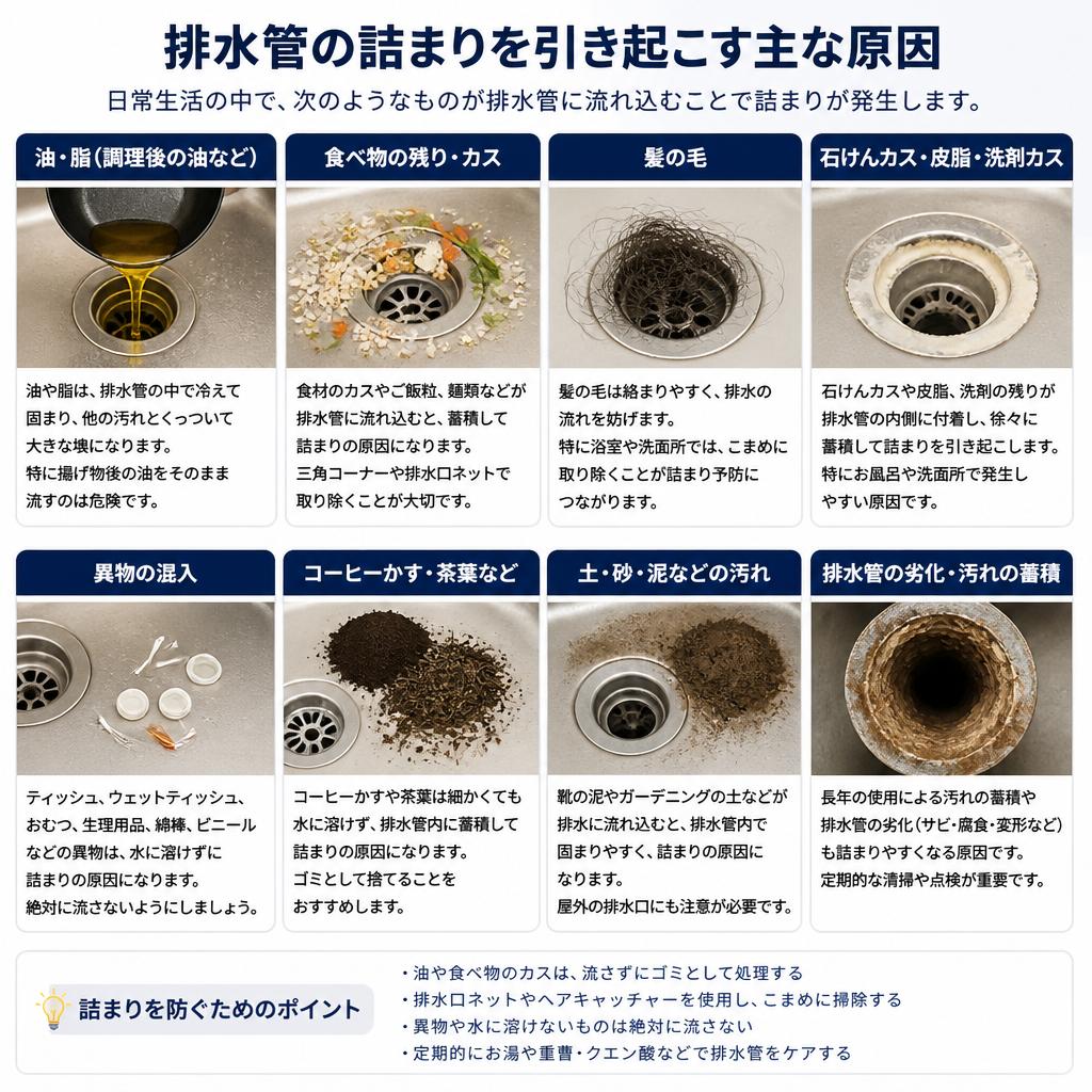 排水管の詰まりの主な原因